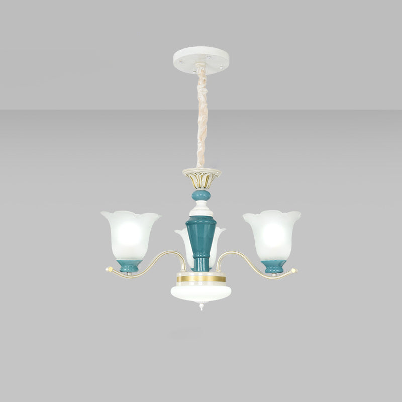 Green Flower Shade Ceiling Hang Fixture Countryside Style Cream Glass 3/6-Light Bedroom Pendant Chandelier Clearhalo 'Ceiling Lights' 'Chandeliers' Lighting' options 1197535