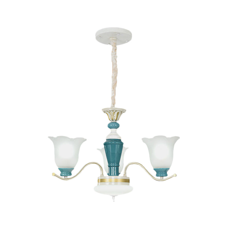 Green Flower Shade Ceiling Hang Fixture Countryside Style Cream Glass 3/6-Light Bedroom Pendant Chandelier Clearhalo 'Ceiling Lights' 'Chandeliers' Lighting' options 1197536