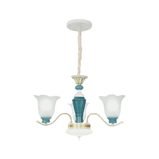 Green Flower Shade Ceiling Hang Fixture Countryside Style Cream Glass 3/6-Light Bedroom Pendant Chandelier Clearhalo 'Ceiling Lights' 'Chandeliers' Lighting' options 1197536