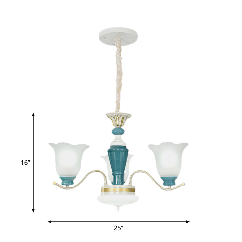 Green Flower Shade Ceiling Hang Fixture Countryside Style Cream Glass 3/6-Light Bedroom Pendant Chandelier Clearhalo 'Ceiling Lights' 'Chandeliers' Lighting' options 1197537