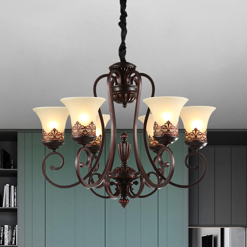 Rural Style Swirled Arm Hanging Chandelier 3/6-Bulb Metallic Suspended Lighting Fixture in Red Brown Clearhalo 'Ceiling Lights' 'Chandeliers' Lighting' options 1197538