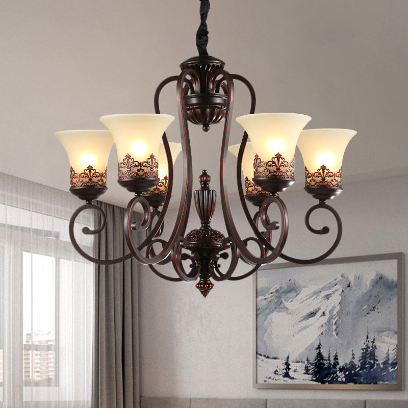 Rural Style Swirled Arm Hanging Chandelier 3/6-Bulb Metallic Suspended Lighting Fixture in Red Brown Clearhalo 'Ceiling Lights' 'Chandeliers' Lighting' options 1197539