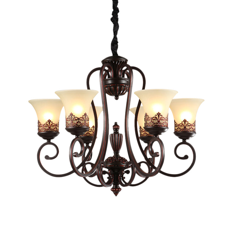 Rural Style Swirled Arm Hanging Chandelier 3/6-Bulb Metallic Suspended Lighting Fixture in Red Brown Clearhalo 'Ceiling Lights' 'Chandeliers' Lighting' options 1197540