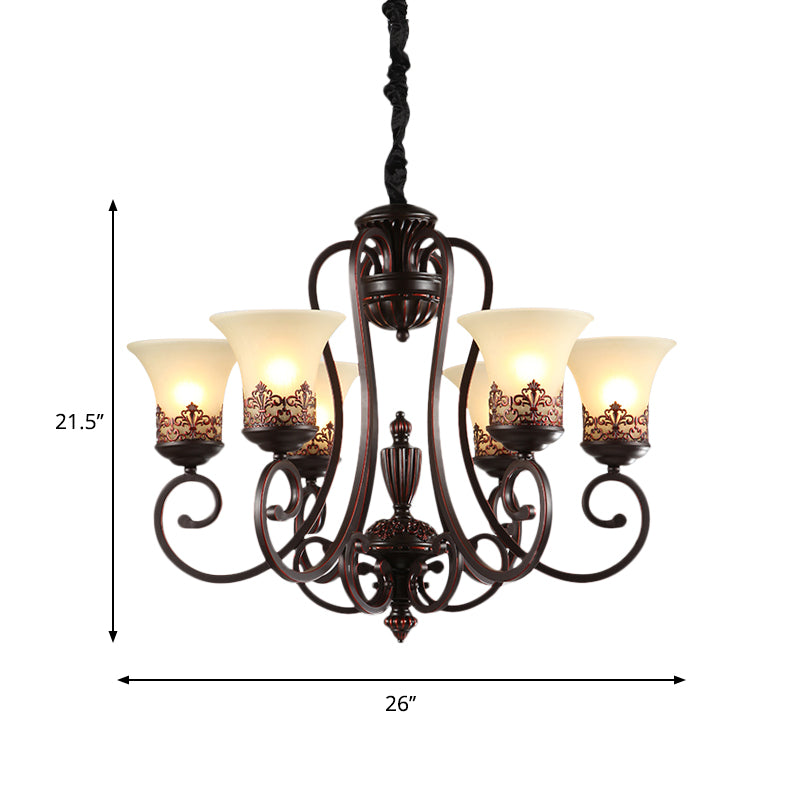 Rural Style Swirled Arm Hanging Chandelier 3/6-Bulb Metallic Suspended Lighting Fixture in Red Brown Clearhalo 'Ceiling Lights' 'Chandeliers' Lighting' options 1197541