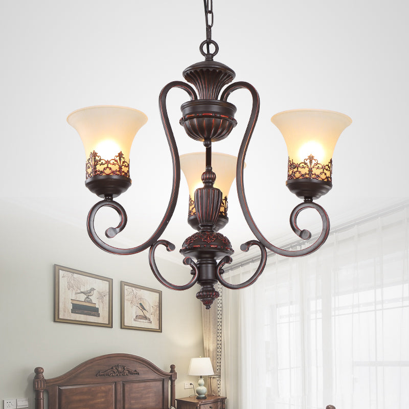 Rural Style Swirled Arm Hanging Chandelier 3/6-Bulb Metallic Suspended Lighting Fixture in Red Brown Clearhalo 'Ceiling Lights' 'Chandeliers' Lighting' options 1197542