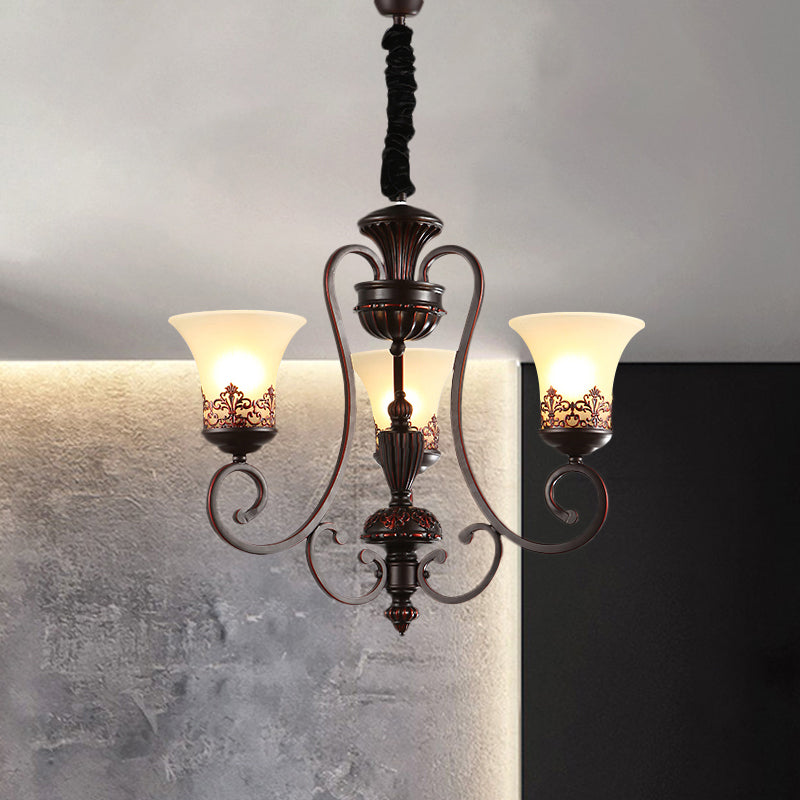 Rural Style Swirled Arm Hanging Chandelier 3/6-Bulb Metallic Suspended Lighting Fixture in Red Brown Clearhalo 'Ceiling Lights' 'Chandeliers' Lighting' options 1197543