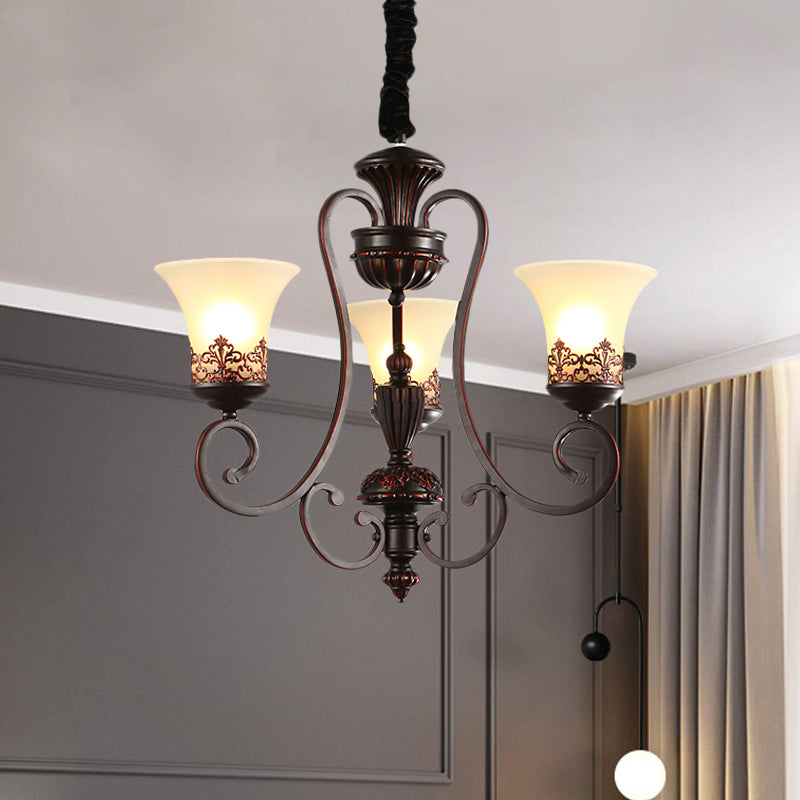 Rural Style Swirled Arm Hanging Chandelier 3/6-Bulb Metallic Suspended Lighting Fixture in Red Brown Clearhalo 'Ceiling Lights' 'Chandeliers' Lighting' options 1197544