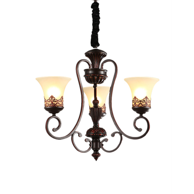 Rural Style Swirled Arm Hanging Chandelier 3/6-Bulb Metallic Suspended Lighting Fixture in Red Brown Clearhalo 'Ceiling Lights' 'Chandeliers' Lighting' options 1197545