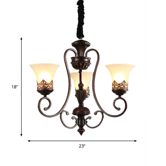 Rural Style Swirled Arm Hanging Chandelier 3/6-Bulb Metallic Suspended Lighting Fixture in Red Brown Clearhalo 'Ceiling Lights' 'Chandeliers' Lighting' options 1197546