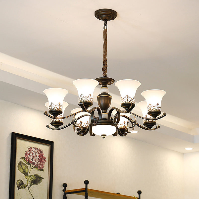 3/6/8 Lights Ceiling Suspension Lamp Rustic Style Bell Shade Cream Glass Chandelier Lighting in Black Clearhalo 'Ceiling Lights' 'Chandeliers' Lighting' options 1197547