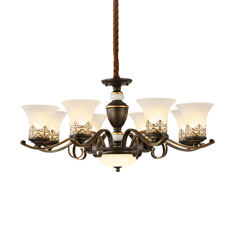 3/6/8 Lights Ceiling Suspension Lamp Rustic Style Bell Shade Cream Glass Chandelier Lighting in Black Clearhalo 'Ceiling Lights' 'Chandeliers' Lighting' options 1197548