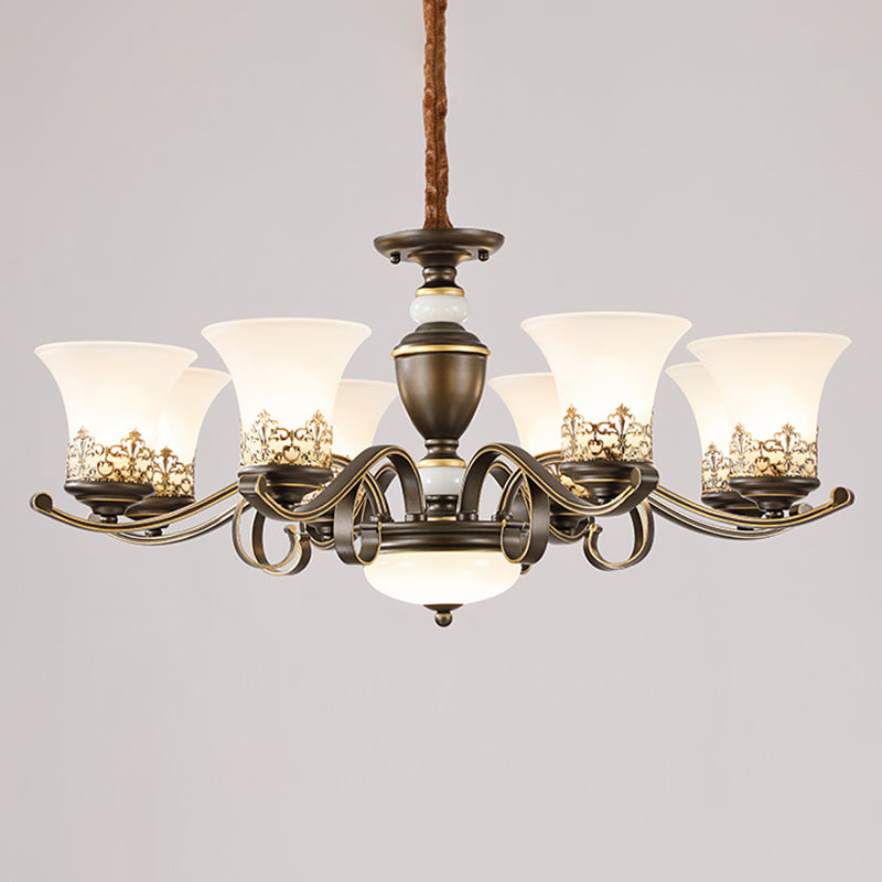 3/6/8 Lights Ceiling Suspension Lamp Rustic Style Bell Shade Cream Glass Chandelier Lighting in Black Clearhalo 'Ceiling Lights' 'Chandeliers' Lighting' options 1197549