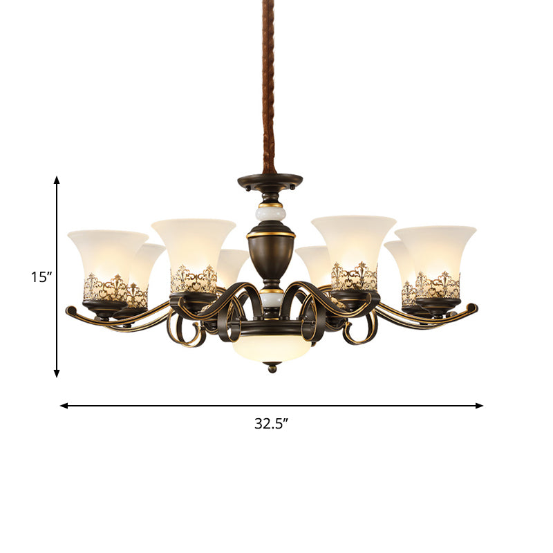 3/6/8 Lights Ceiling Suspension Lamp Rustic Style Bell Shade Cream Glass Chandelier Lighting in Black Clearhalo 'Ceiling Lights' 'Chandeliers' Lighting' options 1197550