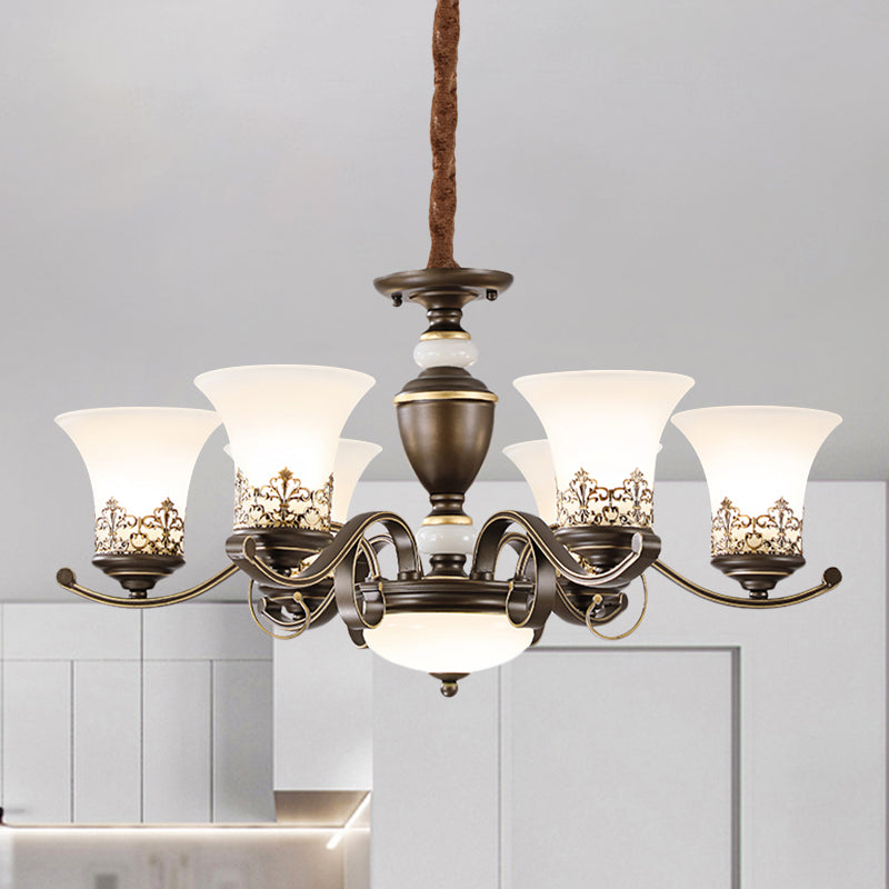 3/6/8 Lights Ceiling Suspension Lamp Rustic Style Bell Shade Cream Glass Chandelier Lighting in Black Clearhalo 'Ceiling Lights' 'Chandeliers' Lighting' options 1197551