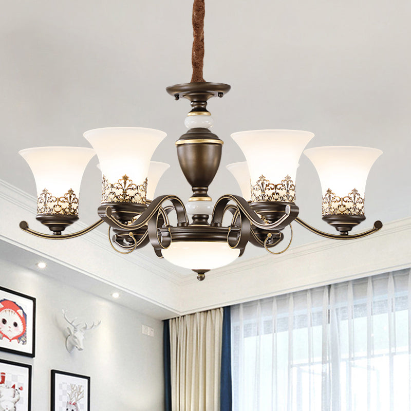 3/6/8 Lights Ceiling Suspension Lamp Rustic Style Bell Shade Cream Glass Chandelier Lighting in Black Clearhalo 'Ceiling Lights' 'Chandeliers' Lighting' options 1197552