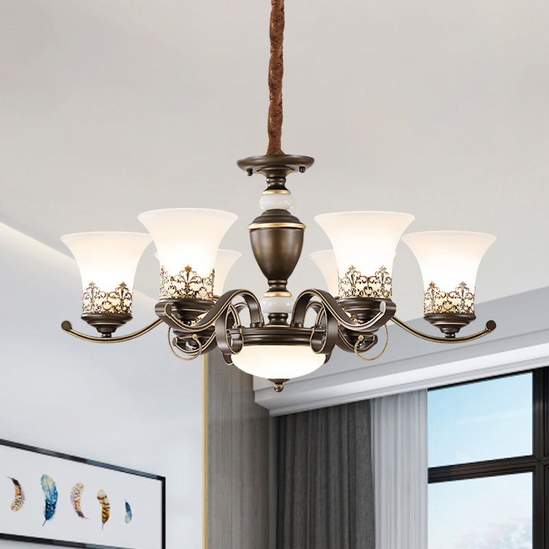 3/6/8 Lights Ceiling Suspension Lamp Rustic Style Bell Shade Cream Glass Chandelier Lighting in Black Clearhalo 'Ceiling Lights' 'Chandeliers' Lighting' options 1197553