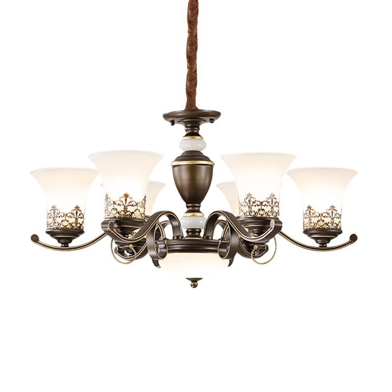 3/6/8 Lights Ceiling Suspension Lamp Rustic Style Bell Shade Cream Glass Chandelier Lighting in Black Clearhalo 'Ceiling Lights' 'Chandeliers' Lighting' options 1197554