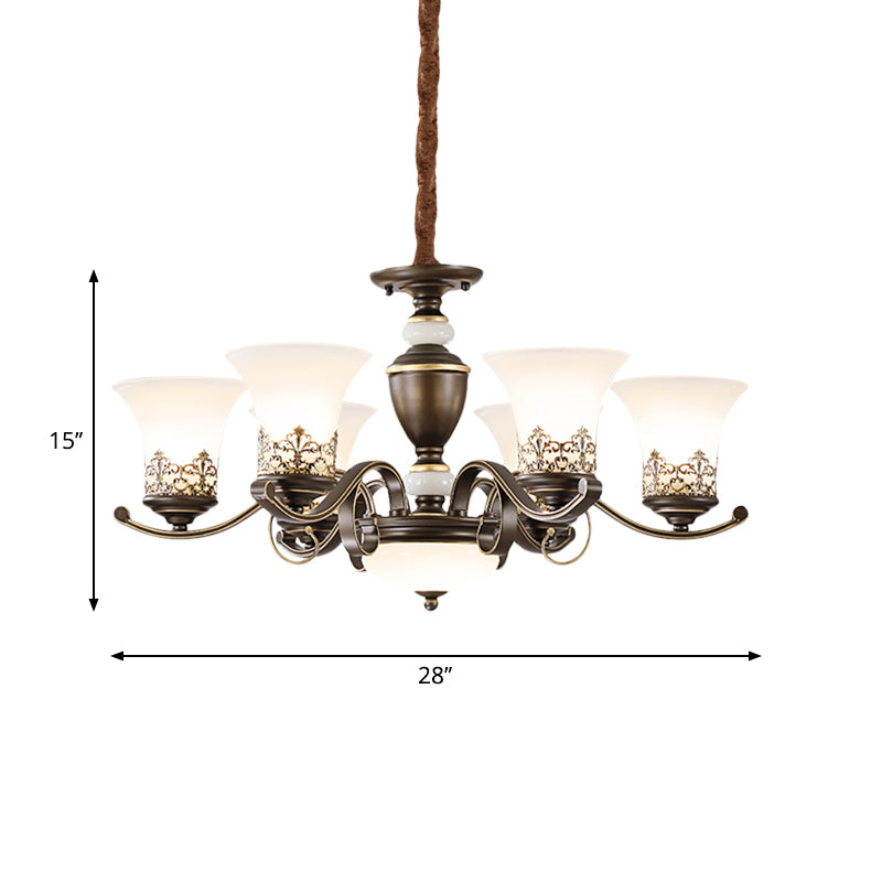 3/6/8 Lights Ceiling Suspension Lamp Rustic Style Bell Shade Cream Glass Chandelier Lighting in Black Clearhalo 'Ceiling Lights' 'Chandeliers' Lighting' options 1197555