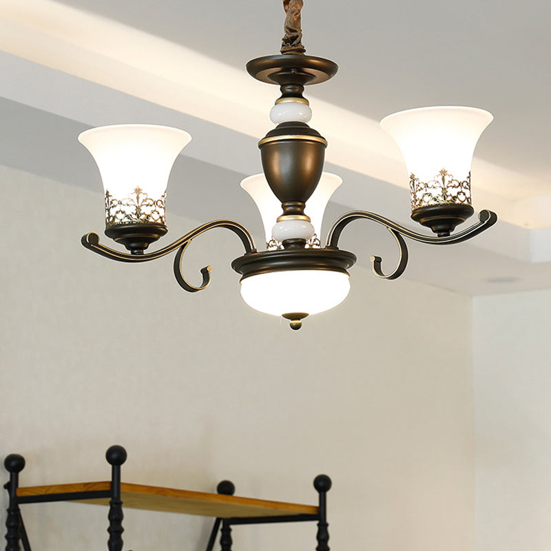 3/6/8 Lights Ceiling Suspension Lamp Rustic Style Bell Shade Cream Glass Chandelier Lighting in Black 3 Black Clearhalo 'Ceiling Lights' 'Chandeliers' Lighting' options 1197556_96aeec69-d632-4da2-8981-945776b8838d