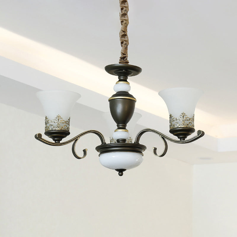 3/6/8 Lights Ceiling Suspension Lamp Rustic Style Bell Shade Cream Glass Chandelier Lighting in Black Clearhalo 'Ceiling Lights' 'Chandeliers' Lighting' options 1197557