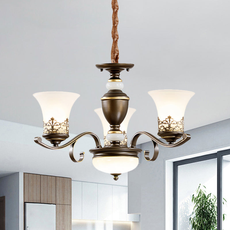 3/6/8 Lights Ceiling Suspension Lamp Rustic Style Bell Shade Cream Glass Chandelier Lighting in Black Clearhalo 'Ceiling Lights' 'Chandeliers' Lighting' options 1197558