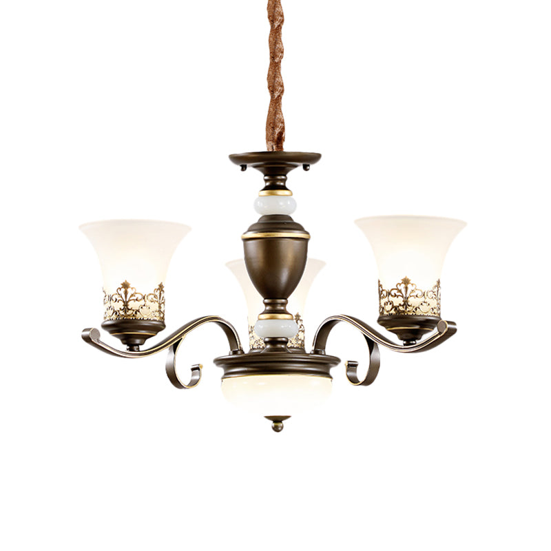 3/6/8 Lights Ceiling Suspension Lamp Rustic Style Bell Shade Cream Glass Chandelier Lighting in Black Clearhalo 'Ceiling Lights' 'Chandeliers' Lighting' options 1197559