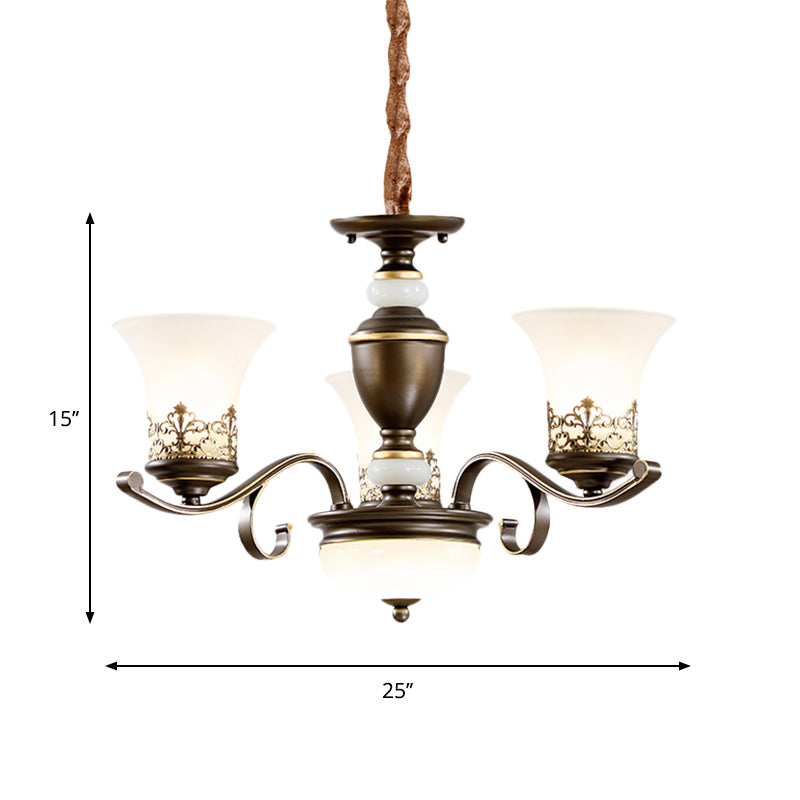 3/6/8 Lights Ceiling Suspension Lamp Rustic Style Bell Shade Cream Glass Chandelier Lighting in Black Clearhalo 'Ceiling Lights' 'Chandeliers' Lighting' options 1197560