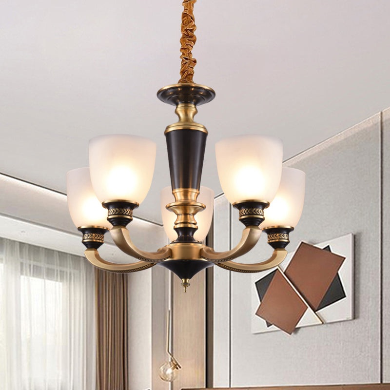 Brass 3/5-Bulb Suspension Pendant Light Traditional Style Milky Glass Empire Shade Ceiling Chandelier 5 Brass Clearhalo 'Ceiling Lights' 'Chandeliers' Lighting' options 1197561_3d15e691-ae55-41df-aba0-4ea98bc9d6d2