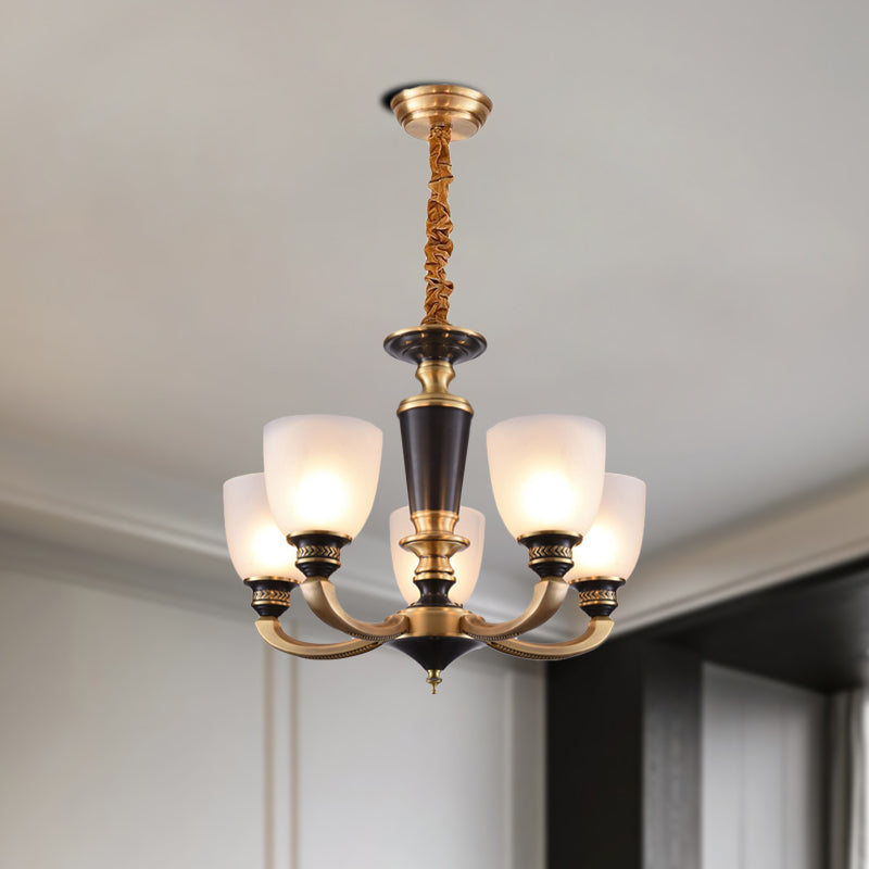 Brass 3/5-Bulb Suspension Pendant Light Traditional Style Milky Glass Empire Shade Ceiling Chandelier Clearhalo 'Ceiling Lights' 'Chandeliers' Lighting' options 1197562