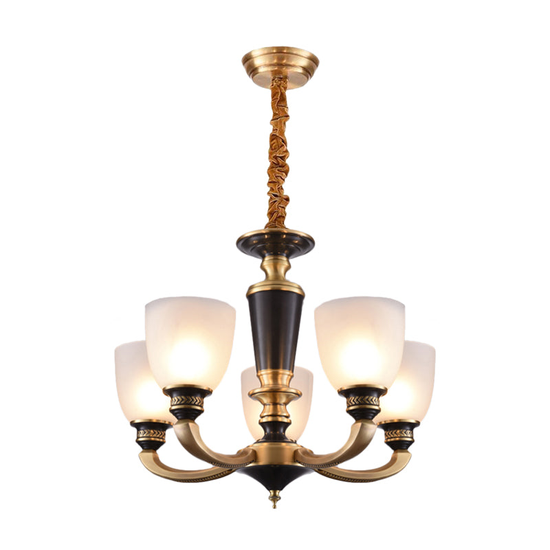 Brass 3/5-Bulb Suspension Pendant Light Traditional Style Milky Glass Empire Shade Ceiling Chandelier Clearhalo 'Ceiling Lights' 'Chandeliers' Lighting' options 1197563