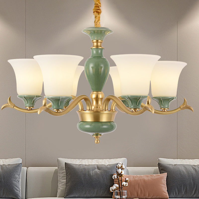 3/6 Bulbs Frosted Glass Suspension Lighting Countryside Green Bell Shaped Guest Room Chandelier Clearhalo 'Ceiling Lights' 'Chandeliers' Lighting' options 1197579