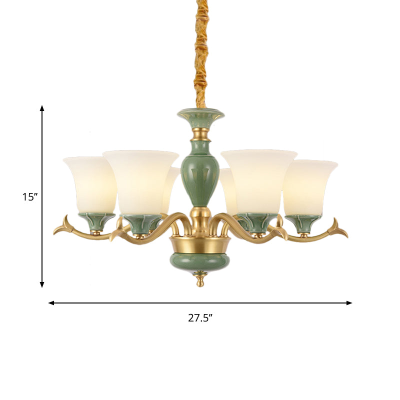 3/6 Bulbs Frosted Glass Suspension Lighting Countryside Green Bell Shaped Guest Room Chandelier Clearhalo 'Ceiling Lights' 'Chandeliers' Lighting' options 1197582