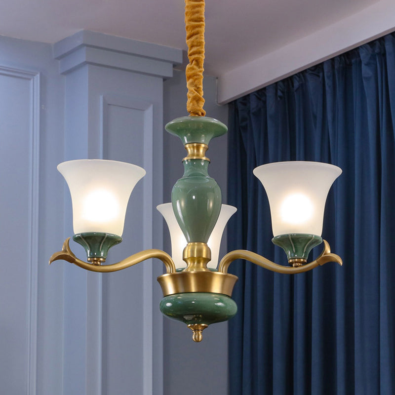 3/6 Bulbs Frosted Glass Suspension Lighting Countryside Green Bell Shaped Guest Room Chandelier Clearhalo 'Ceiling Lights' 'Chandeliers' Lighting' options 1197583