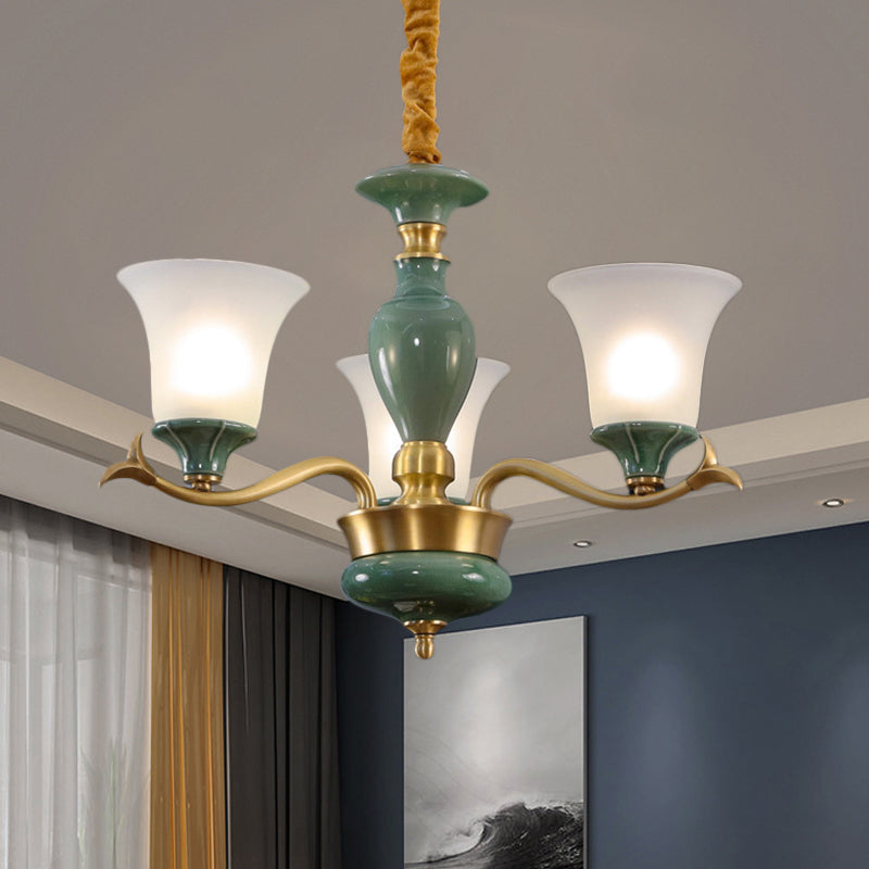 3/6 Bulbs Frosted Glass Suspension Lighting Countryside Green Bell Shaped Guest Room Chandelier Clearhalo 'Ceiling Lights' 'Chandeliers' Lighting' options 1197585