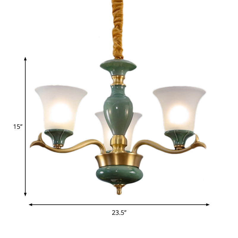 3/6 Bulbs Frosted Glass Suspension Lighting Countryside Green Bell Shaped Guest Room Chandelier Clearhalo 'Ceiling Lights' 'Chandeliers' Lighting' options 1197587