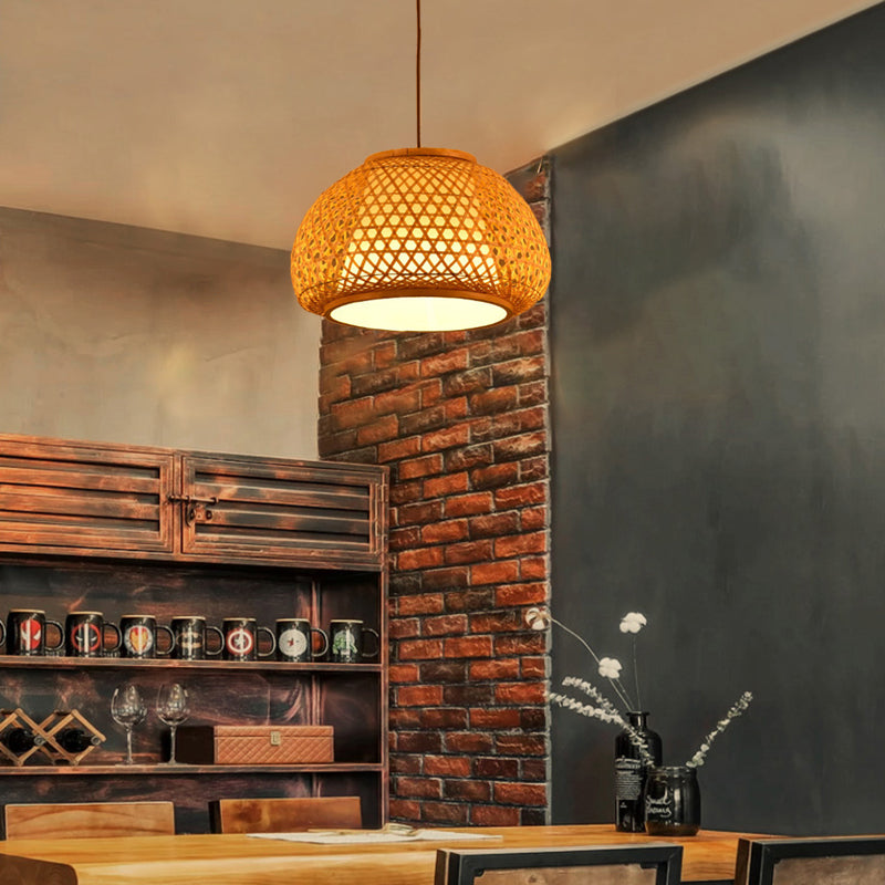 Hand Knitted Bamboo Lantern Drop Light for Restaurant Asian 1 Head Pendant Lamp with Paper Interior Shade Clearhalo 'Ceiling Lights' 'Pendant Lights' 'Pendants' Lighting' 119762