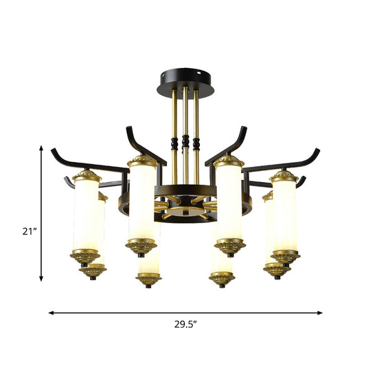 8/10 Bulbs Chandelier Lighting Fixture Countryside Column Frosted Glass Ceiling Lamp in Black-Gold Clearhalo 'Ceiling Lights' 'Chandeliers' Lighting' options 1197633