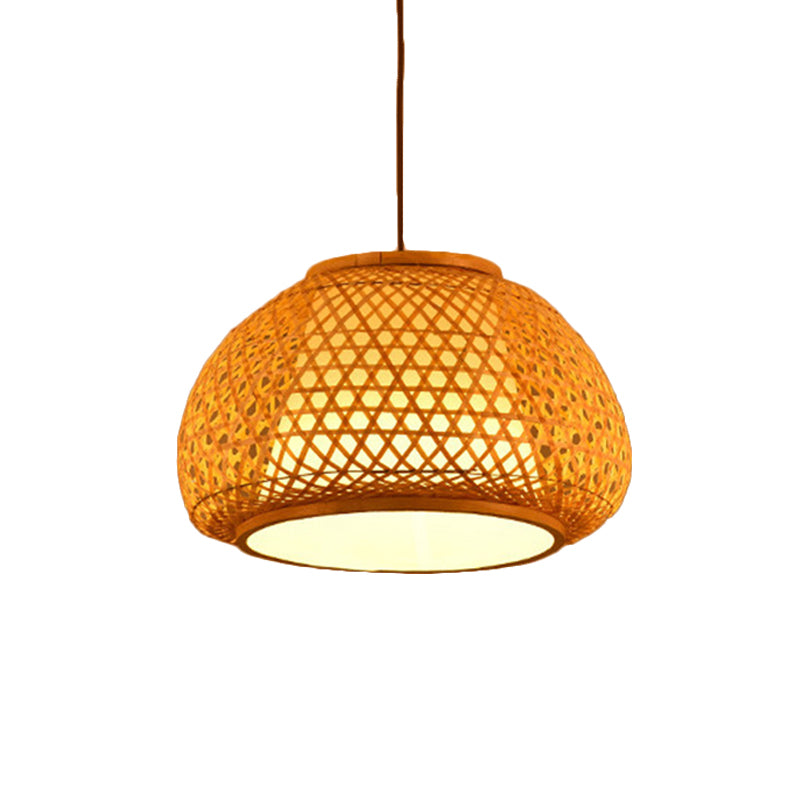 Hand Knitted Bamboo Lantern Drop Light for Restaurant Asian 1 Head Pendant Lamp with Paper Interior Shade Clearhalo 'Ceiling Lights' 'Pendant Lights' 'Pendants' Lighting' 119765