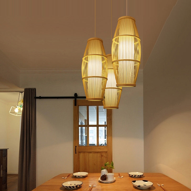 Asian Ellipse Shade Hanging Light for Restaurant Hand Made Bamboo Suspension Light in Beige Clearhalo 'Ceiling Lights' 'Pendant Lights' 'Pendants' Lighting' 119770