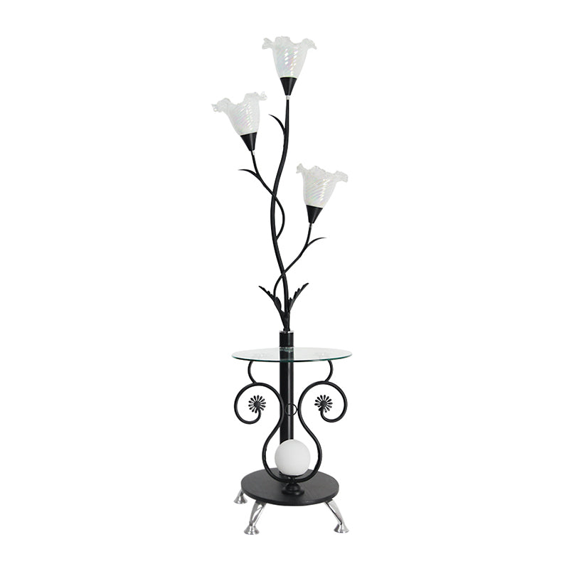 3 Lights Faceted Glass Floor Light Countryside Black/White Floral Shade Living Room Standing Floor Lamp Clearhalo 'Floor Lamps' 'Lamps' Lighting' 1197711
