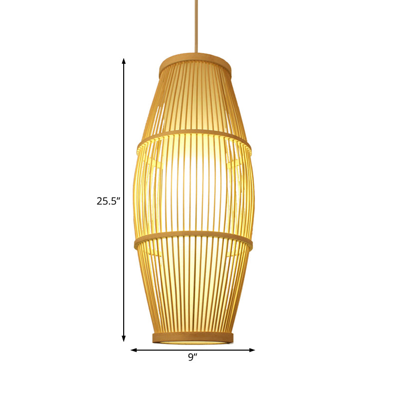 Asian Ellipse Shade Hanging Light for Restaurant Hand Made Bamboo Suspension Light in Beige Clearhalo 'Ceiling Lights' 'Pendant Lights' 'Pendants' Lighting' 119775