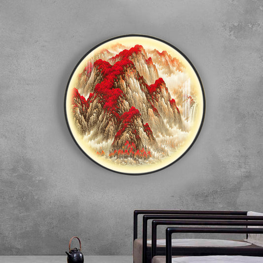 Red Circular Mountain Patterned Wall Lamp Oriental Style LED Metallic Mural Light for Guest Room Clearhalo 'Wall Lamps & Sconces' 'Wall Lights' Lighting' 1197822