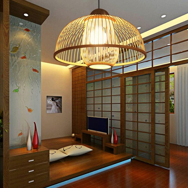 Single Head Dome Shade Hanging Lamp Asian Bamboo Ceiling Drop Light over Dining Table Clearhalo 'Ceiling Lights' 'Pendant Lights' 'Pendants' Lighting' 119788