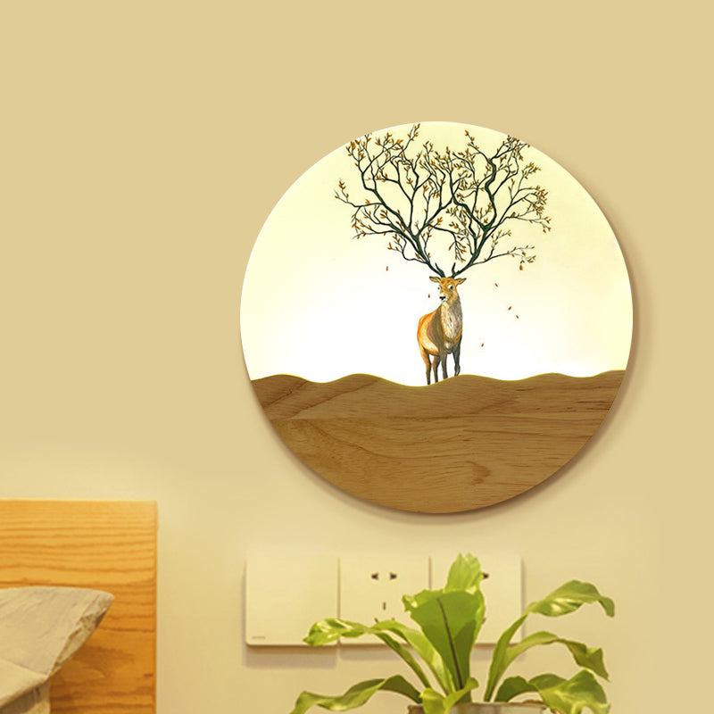 LED Bedside Wall Lighting Idea Minimalist Style Wood Elk Deer and Tree Patterned Mural Lamp with Round Metal Shade Clearhalo 'Wall Lamps & Sconces' 'Wall Lights' Lighting' 1197959