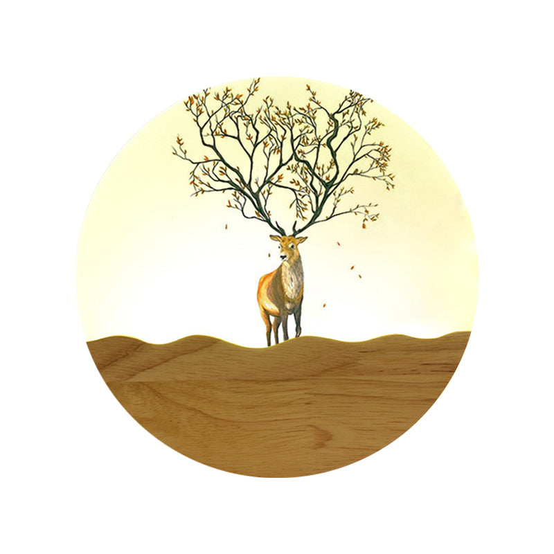 LED Bedside Wall Lighting Idea Minimalist Style Wood Elk Deer and Tree Patterned Mural Lamp with Round Metal Shade Clearhalo 'Wall Lamps & Sconces' 'Wall Lights' Lighting' 1197961