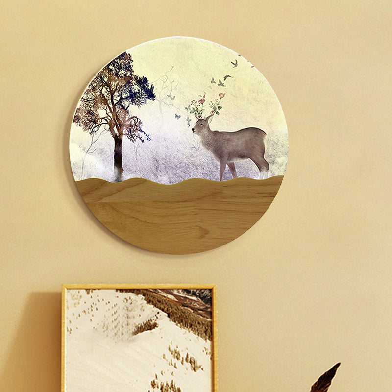 LED Bedside Wall Lighting Idea Minimalist Style Wood Elk Deer and Tree Patterned Mural Lamp with Round Metal Shade Wood B Clearhalo 'Wall Lamps & Sconces' 'Wall Lights' Lighting' 1197963