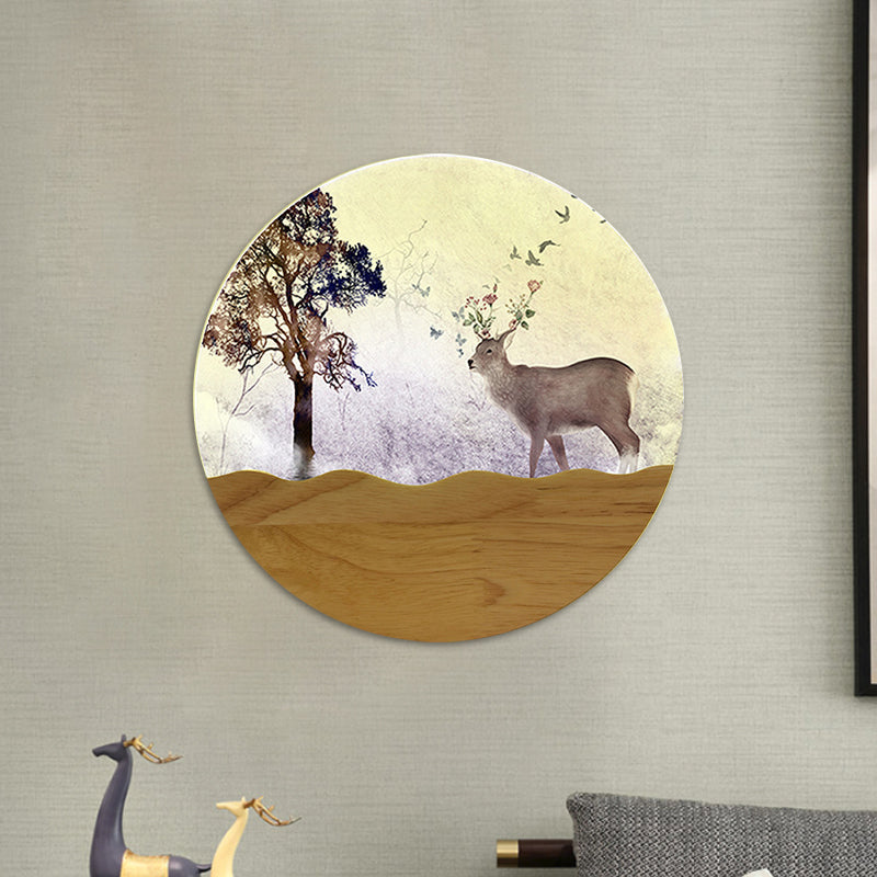 LED Bedside Wall Lighting Idea Minimalist Style Wood Elk Deer and Tree Patterned Mural Lamp with Round Metal Shade Clearhalo 'Wall Lamps & Sconces' 'Wall Lights' Lighting' 1197964