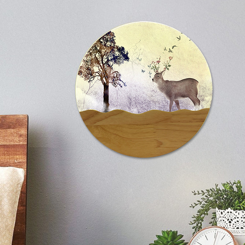 LED Bedside Wall Lighting Idea Minimalist Style Wood Elk Deer and Tree Patterned Mural Lamp with Round Metal Shade Clearhalo 'Wall Lamps & Sconces' 'Wall Lights' Lighting' 1197965