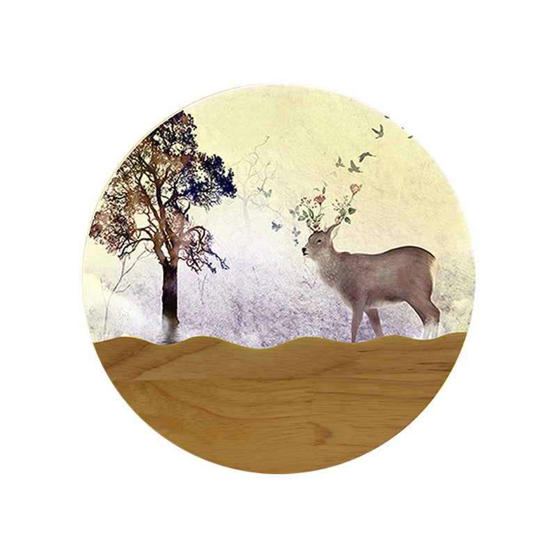 LED Bedside Wall Lighting Idea Minimalist Style Wood Elk Deer and Tree Patterned Mural Lamp with Round Metal Shade Clearhalo 'Wall Lamps & Sconces' 'Wall Lights' Lighting' 1197966