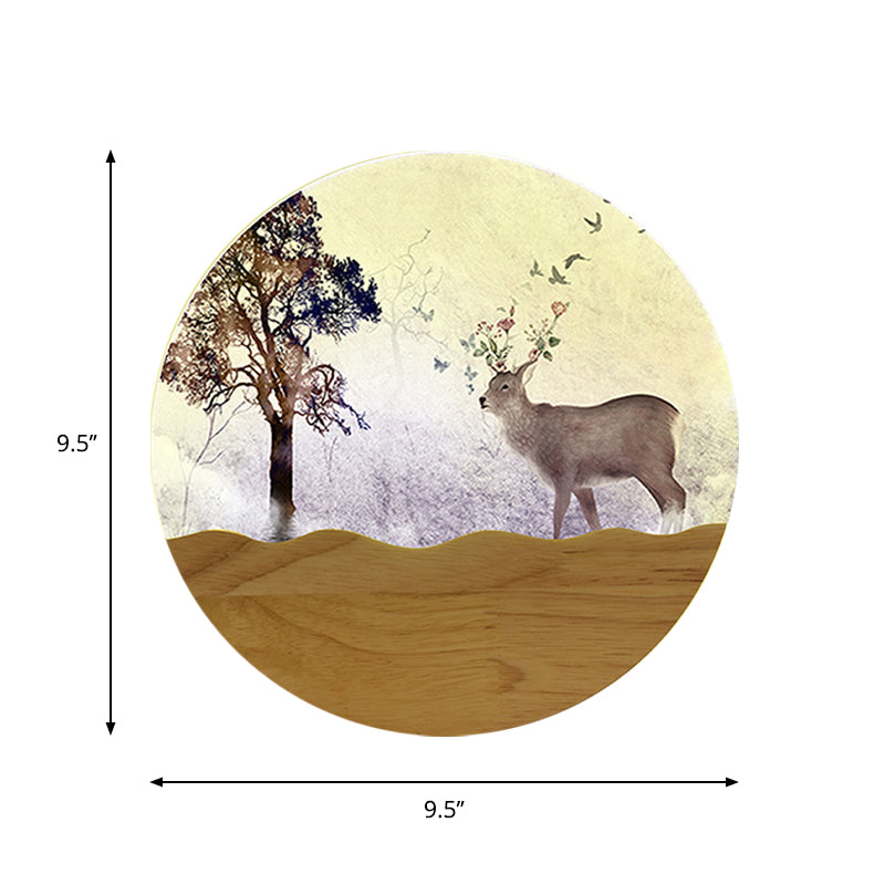 LED Bedside Wall Lighting Idea Minimalist Style Wood Elk Deer and Tree Patterned Mural Lamp with Round Metal Shade Clearhalo 'Wall Lamps & Sconces' 'Wall Lights' Lighting' 1197967